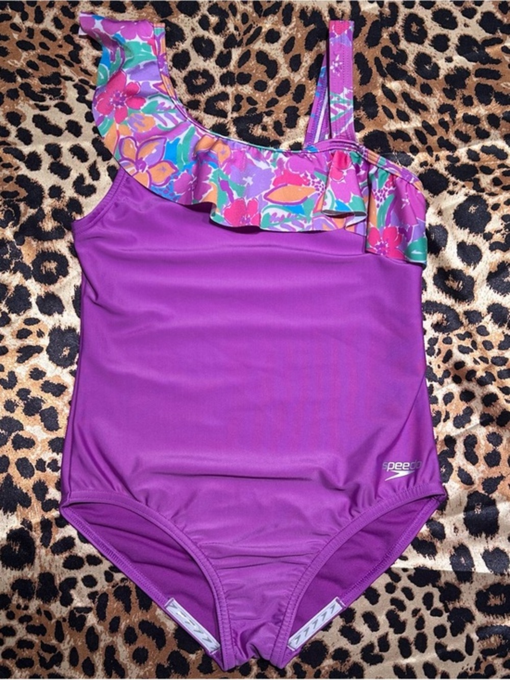 Speedo Girls Purple Floral Ruffle One-Shoulder One Piece Swimsuit